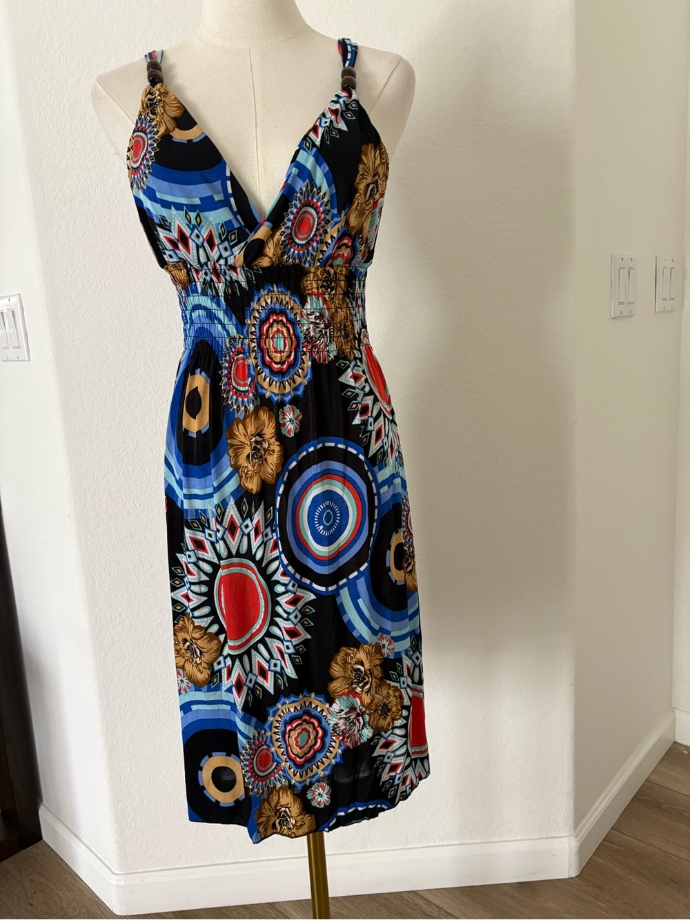Blue Multi-Color V-Neck Sleeveless Midi Dress